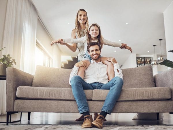 Family portrait in living room