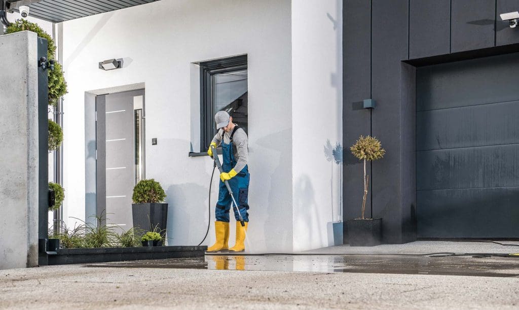 Man pressure cleaning driveway